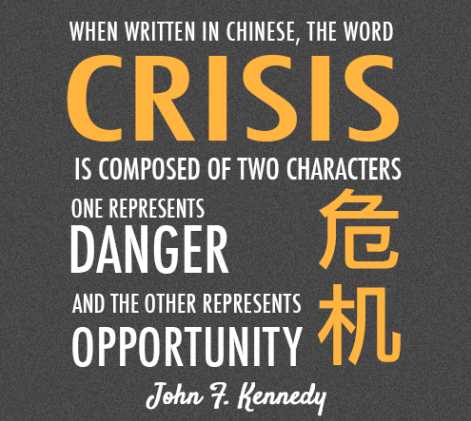 Inspirational John F. Kennedy quote on crisis, showing Chinese characters meaning danger and opportunity, highlighting leadership mindset in challenges.