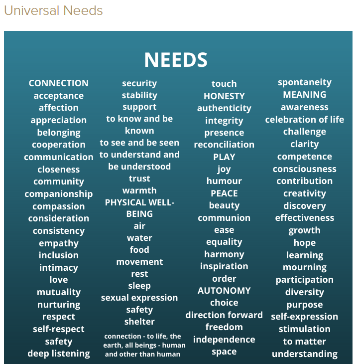 Universal needs chart highlighting core human needs such as connection, belonging, safety, honesty, play, peace, autonomy, meaning, and purpose—used in coaching, leadership development, and personal growth for better communication and emotional intelligence.